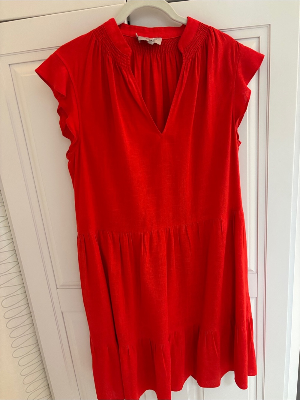Hobbs of London. Bright Red V-Neck Ruffle Sleeve Dress.